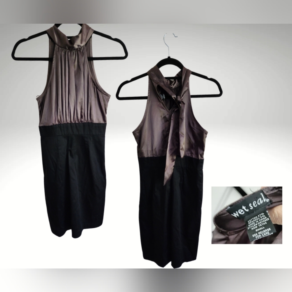 Wet Seal halter dress, grey satiny top, black cotton we bottom, VGUC, SZ S
